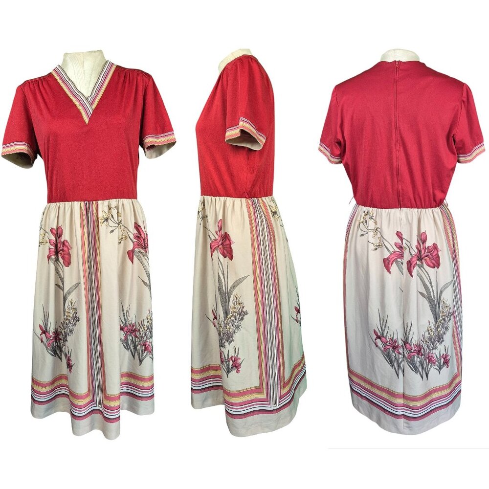 Lady Carol of New York 1970's Vintage Dress Crimson with Iris Print  V neck Sz L